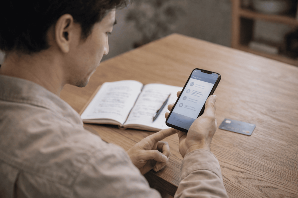 自宅の机でサブスク費用を確認し、デジタルキー継続を検討する男性のイメージ