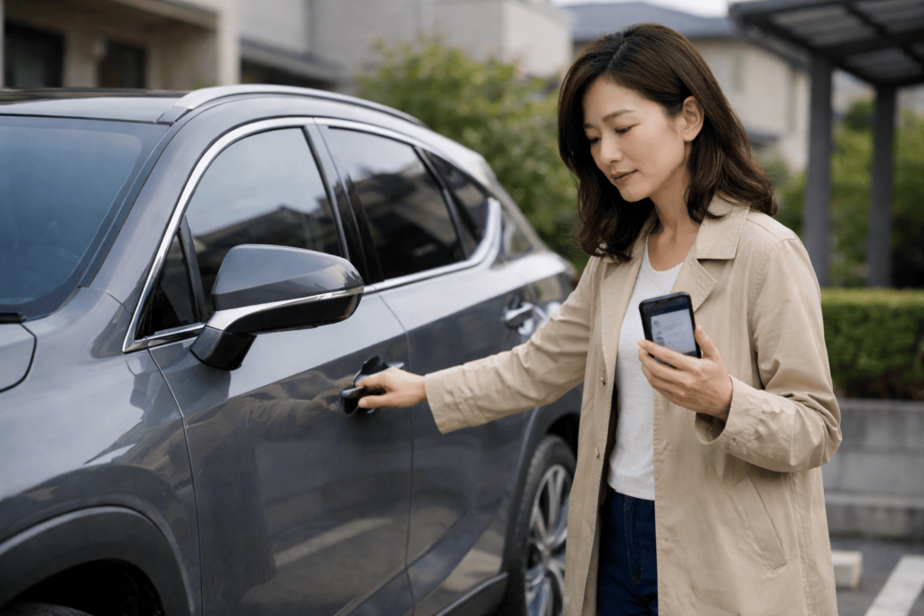 駐車場でデジタルキーが反応せず、スマホ画面を点灯して対処しようとする女性