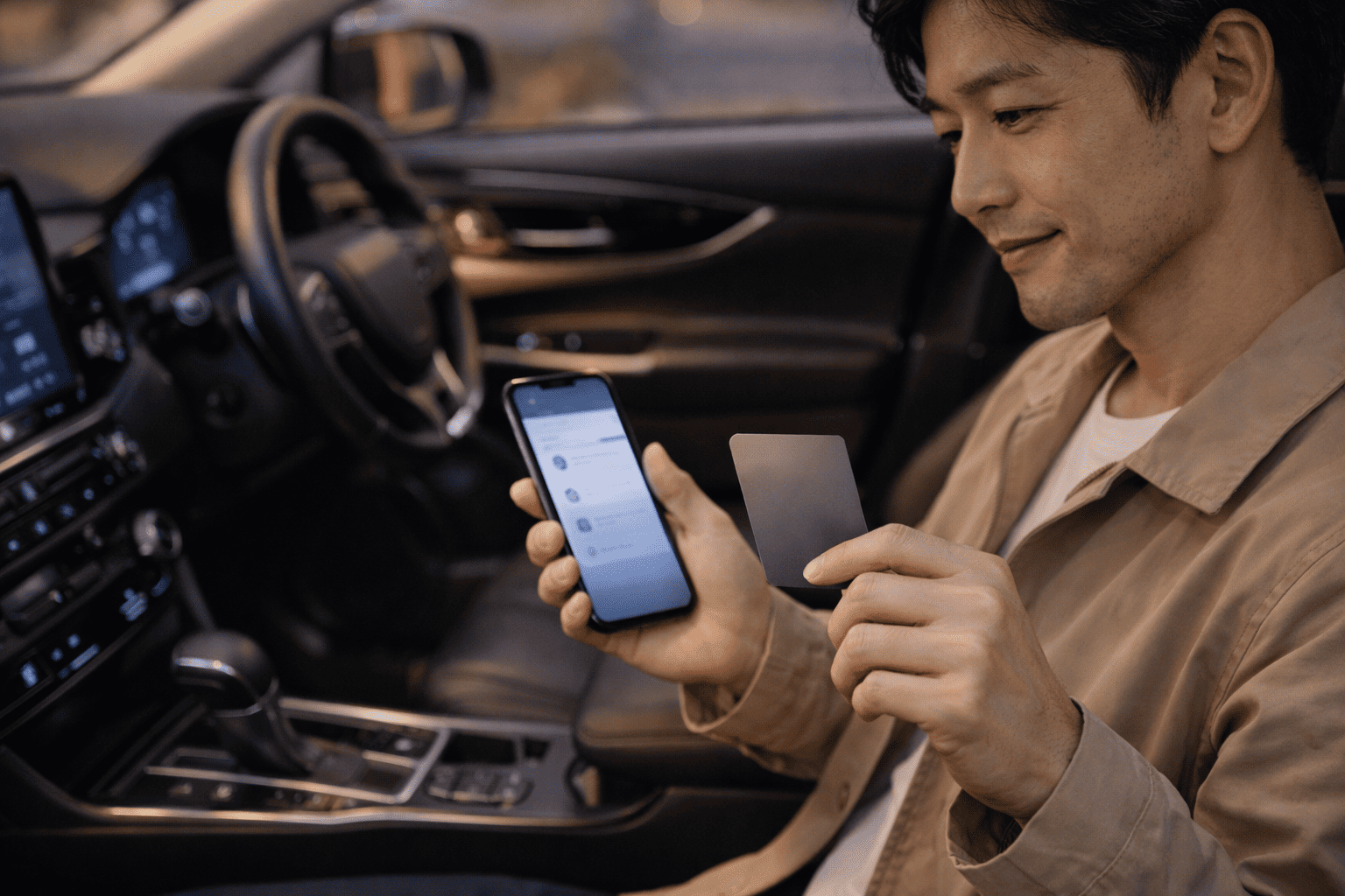 車内でスマホとカードキーを持ち、デジタルキー運用の安心策を示す男性