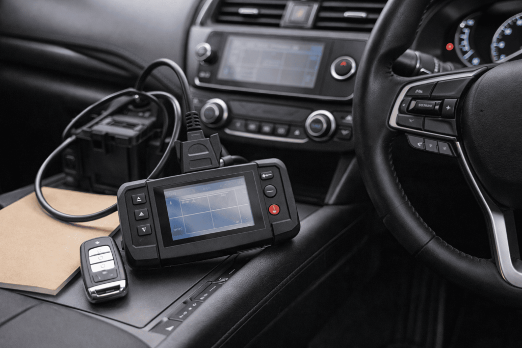 スマートキーと診断機器を並べ、電子防犯装置対応の複雑さを表したイメージ