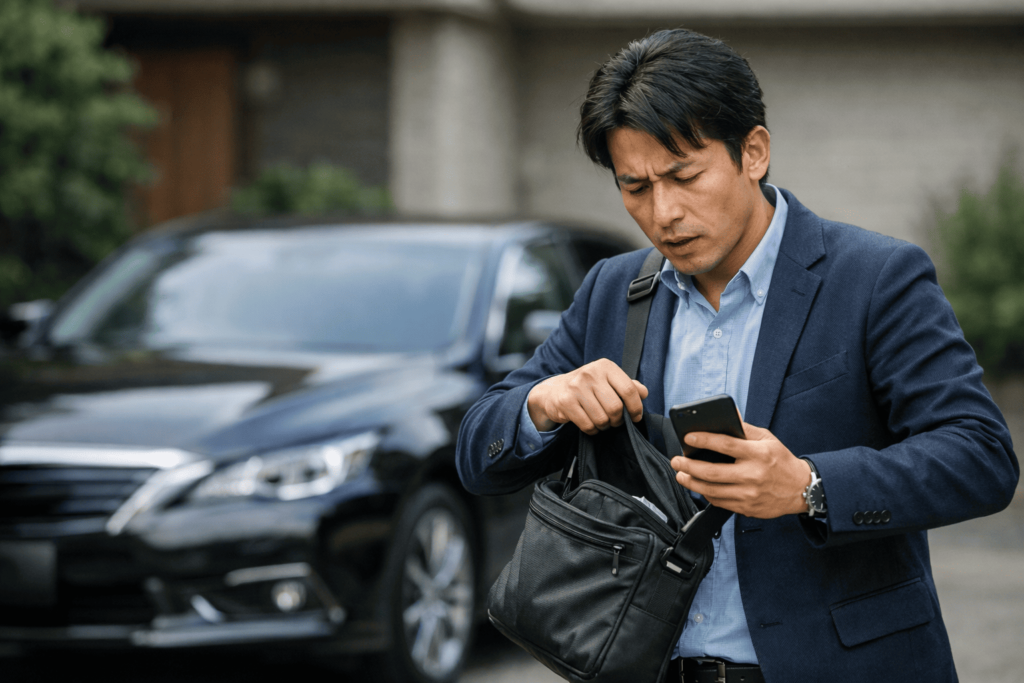 車のそばで鍵を探しながら、依頼先を迷っている様子の日本人男性