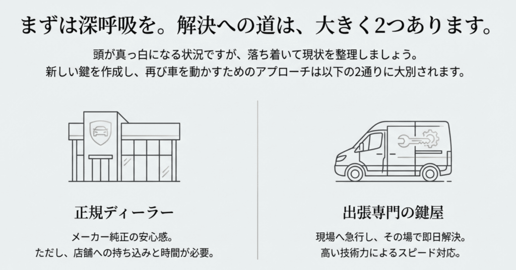鍵紛失、解決への道は2つ、正規ディーラーもしくは出張専門の鍵屋か。を解説する画像