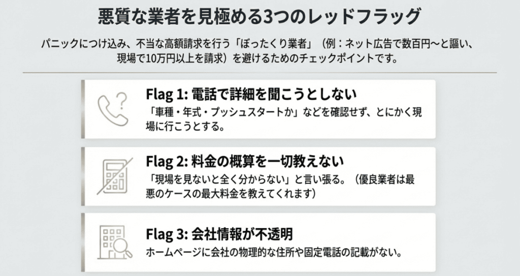 悪質な業者を見極める3つのレッドフラッグ。を解説する画像