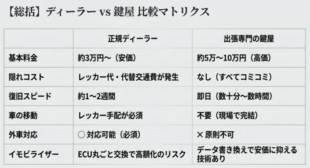 【総括】ディーラーVS鍵屋比較マトリクス。をしめした画像