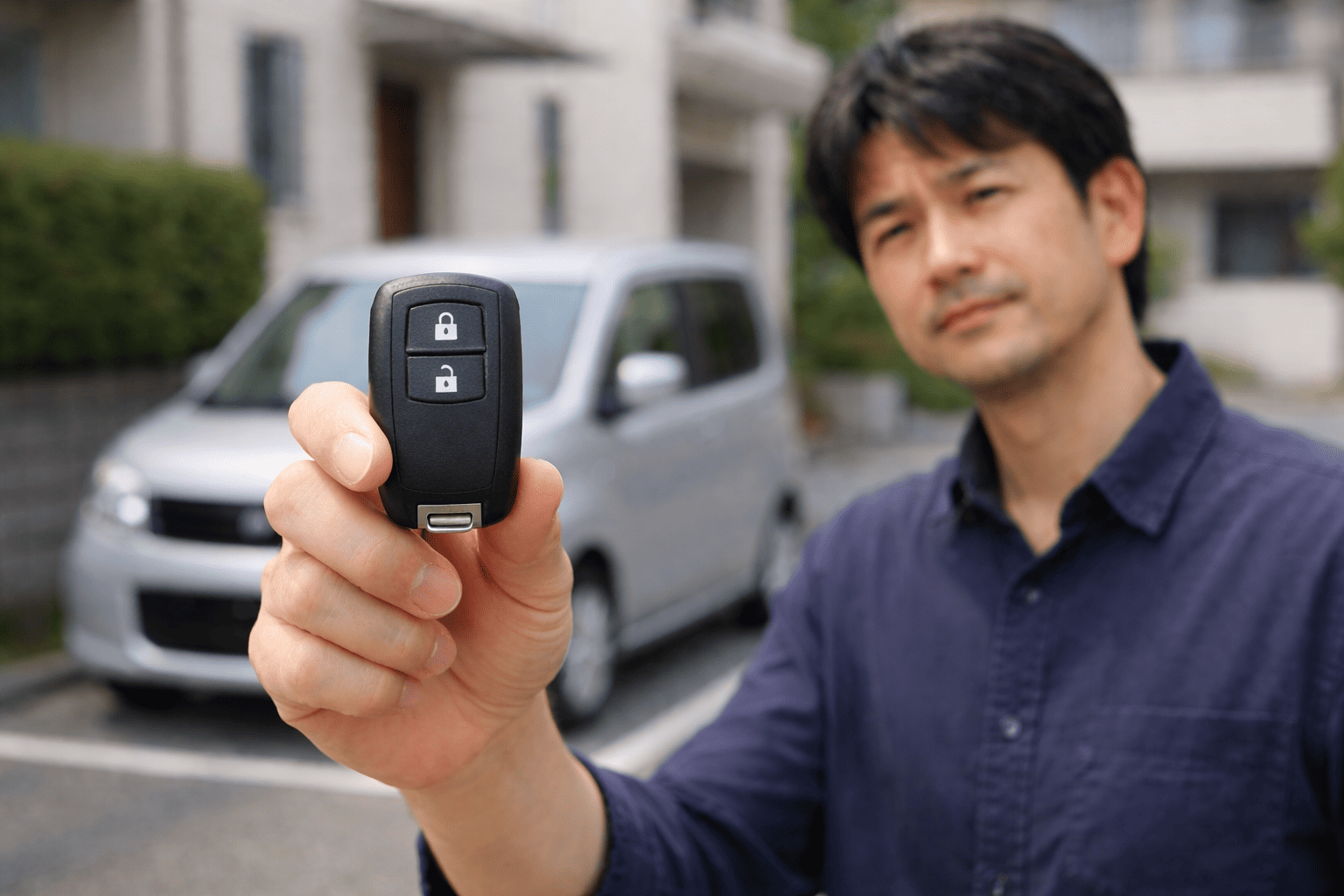 ワゴンRのスマートキー登録方法について考えながらキーを手に持つ日本人男性
