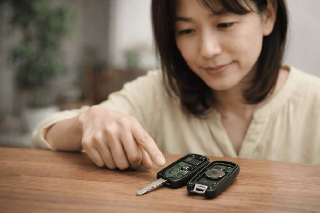 スマートキーと金属キーの違いを確認する日本人女性