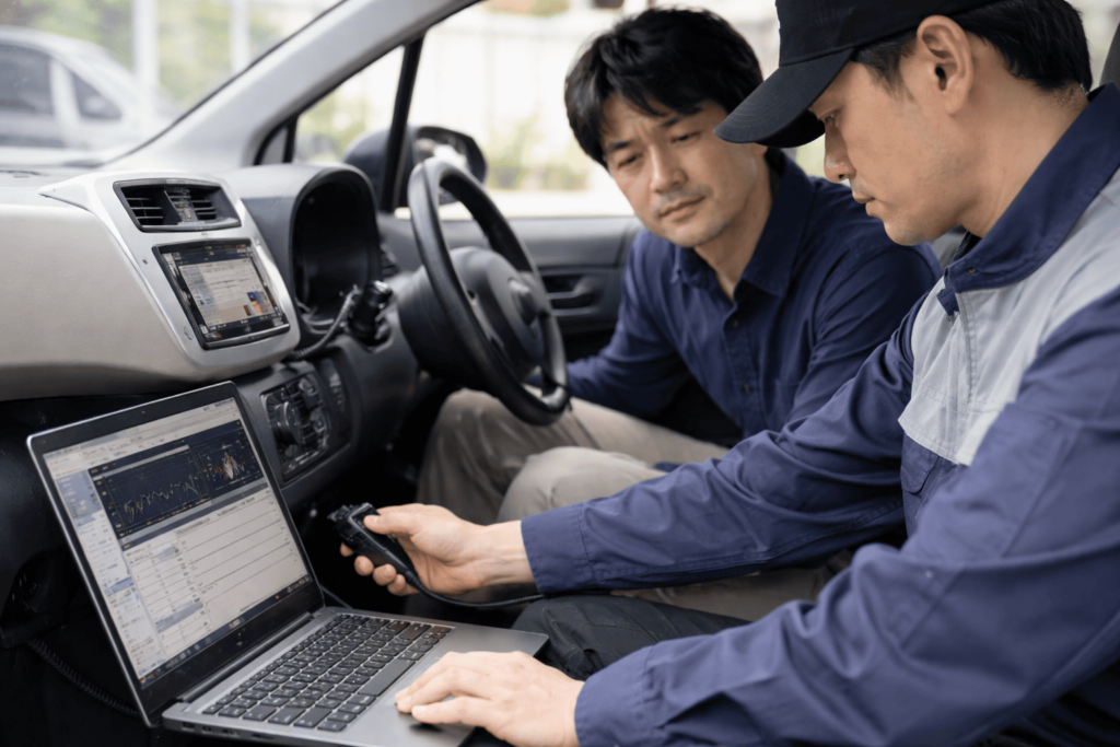 OBD診断機でスマートキー登録作業を行う自動車技術者