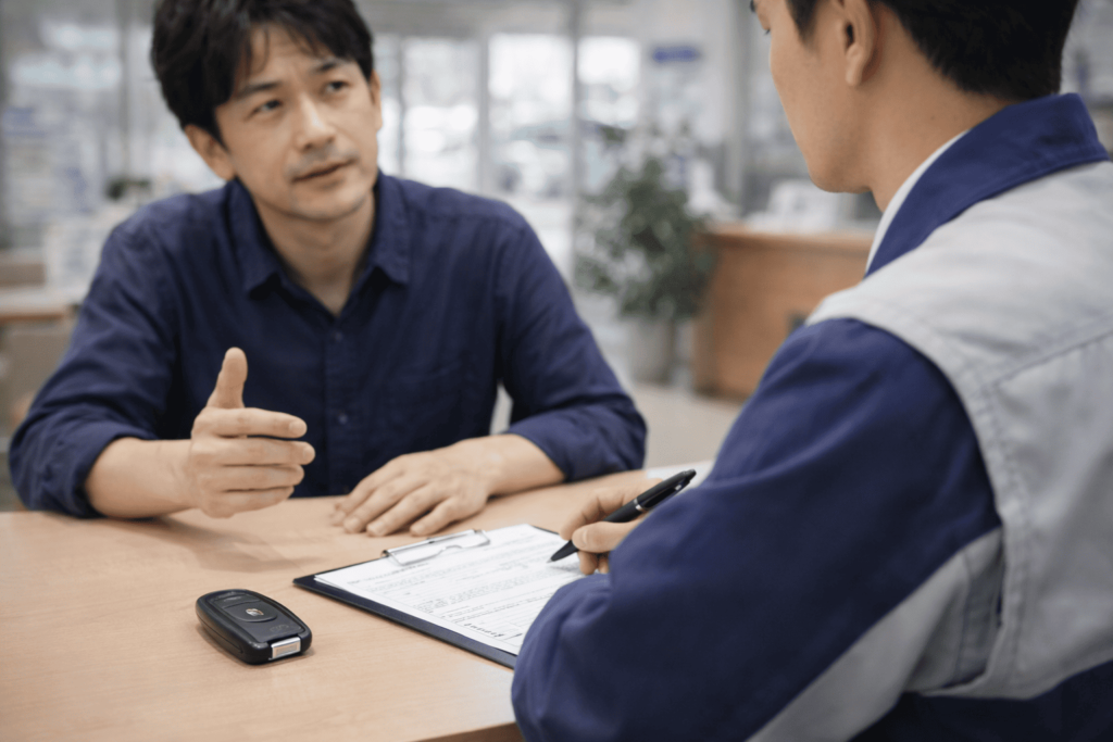 スマートキー追加登録の費用について相談する日本人男性