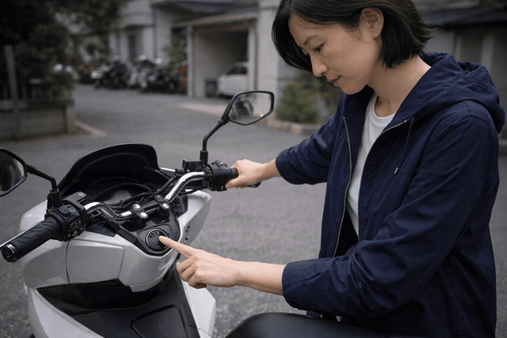 エンジンがかからず困った様子でスクーターの始動操作をする日本人女性