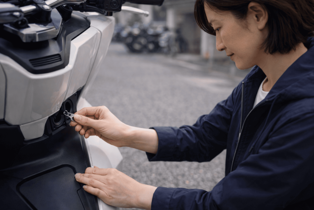 エマージェンシーキーでスクーターのメンテナンスリッドを開ける作業