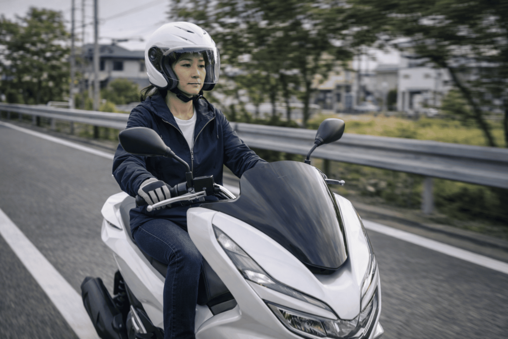 復旧後に走行して充電しているスクーターのライディングシーン