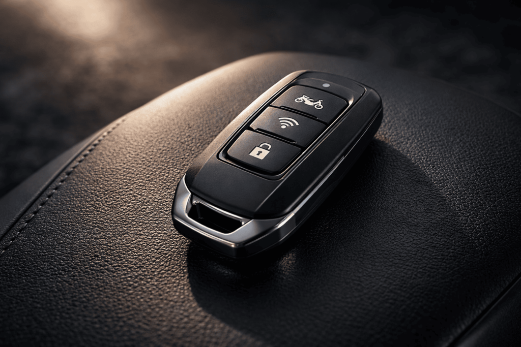 PCXのスマートキー本体をイメージしたフォブを暗い質感の上に置いたアイキャッチ写真