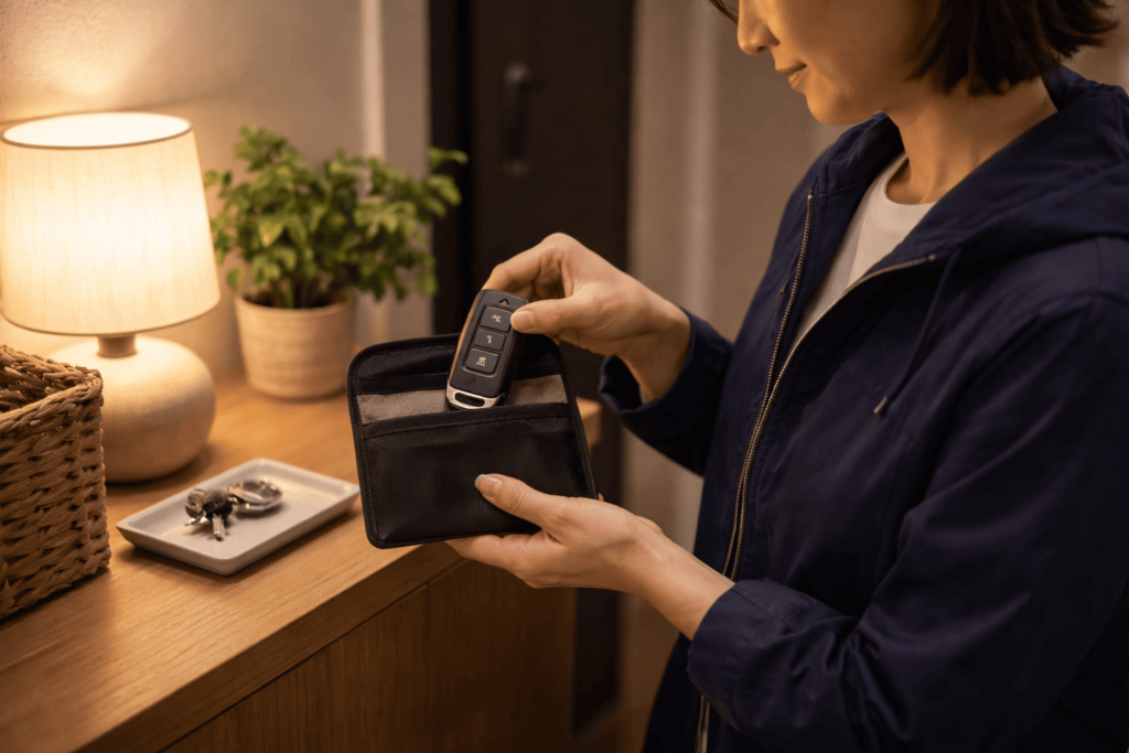 帰宅後にスマートキーを電波遮断ケースへ保管して盗難対策をする様子