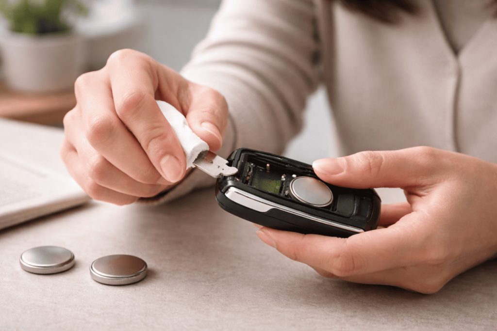 電池の縁を持って慎重にセットし、防水パッキンも確認している整備イメージ