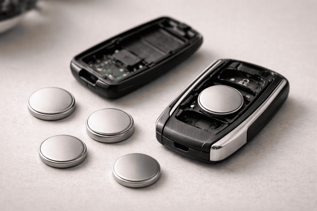 開いたスマートキーと複数のコイン電池を並べ、適切なサイズ選びを示すイメージ
