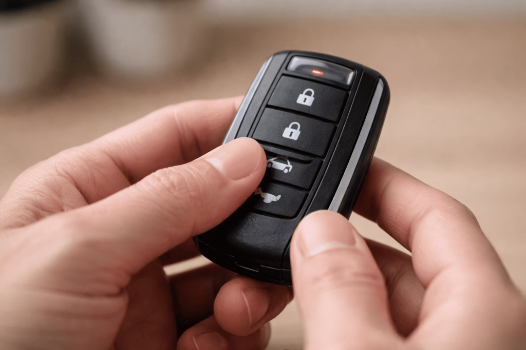 ボタンを押したスマートキーの小さなLEDランプが弱く光っている接写