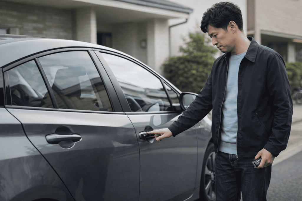 駐車場でドアノブに触れても反応せず、戸惑う男性ドライバーの様子