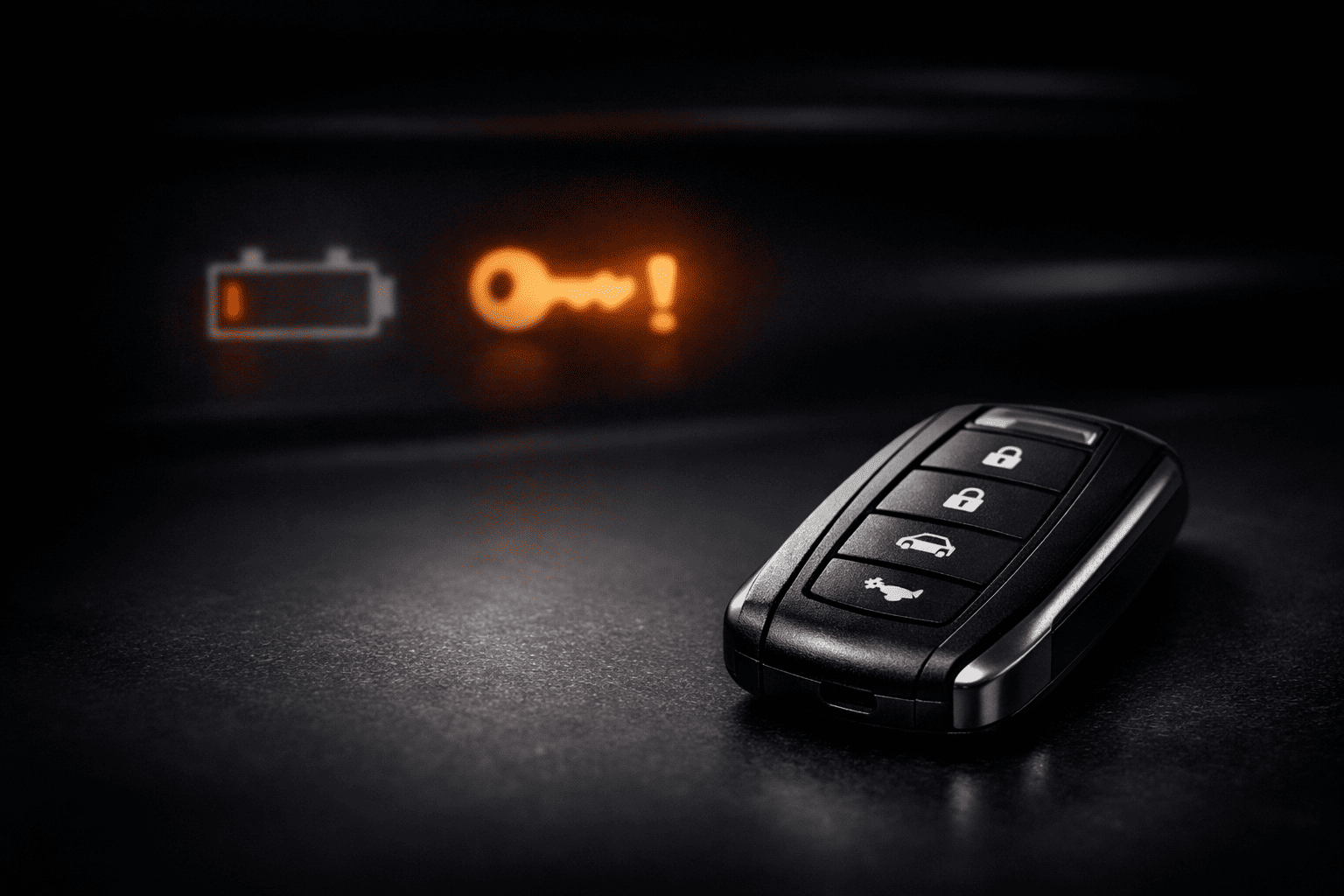 スマートキーと警告表示を連想させる光で、電池切れトラブルを表現した抽象的なイメージ