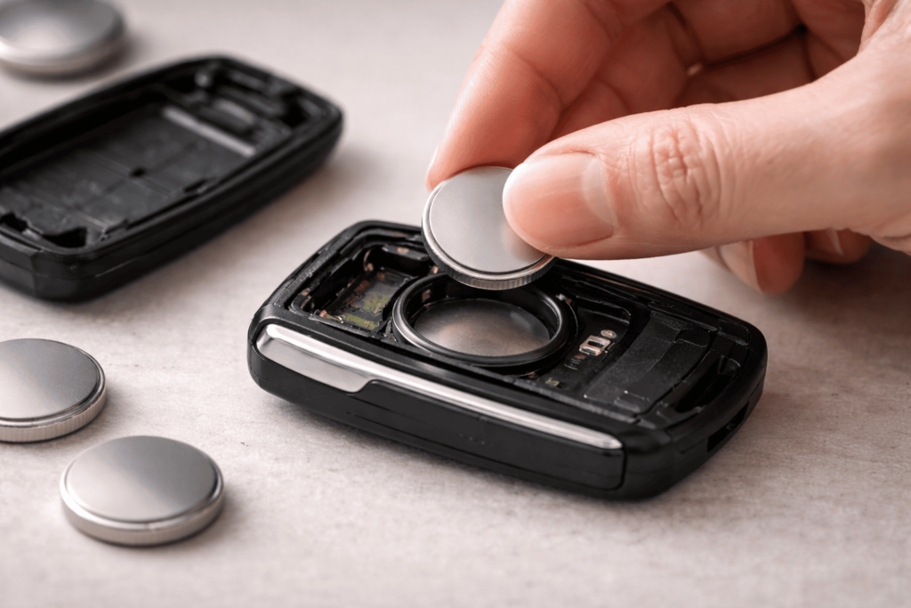 室内の机でスマートキーを丁寧に開けて電池交換しようとしている手元の様子