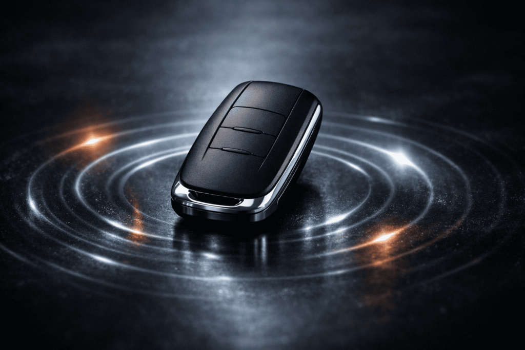 ロゴのないスマートキーと抽象的な電波の光が映る、高級感のあるイメージ
