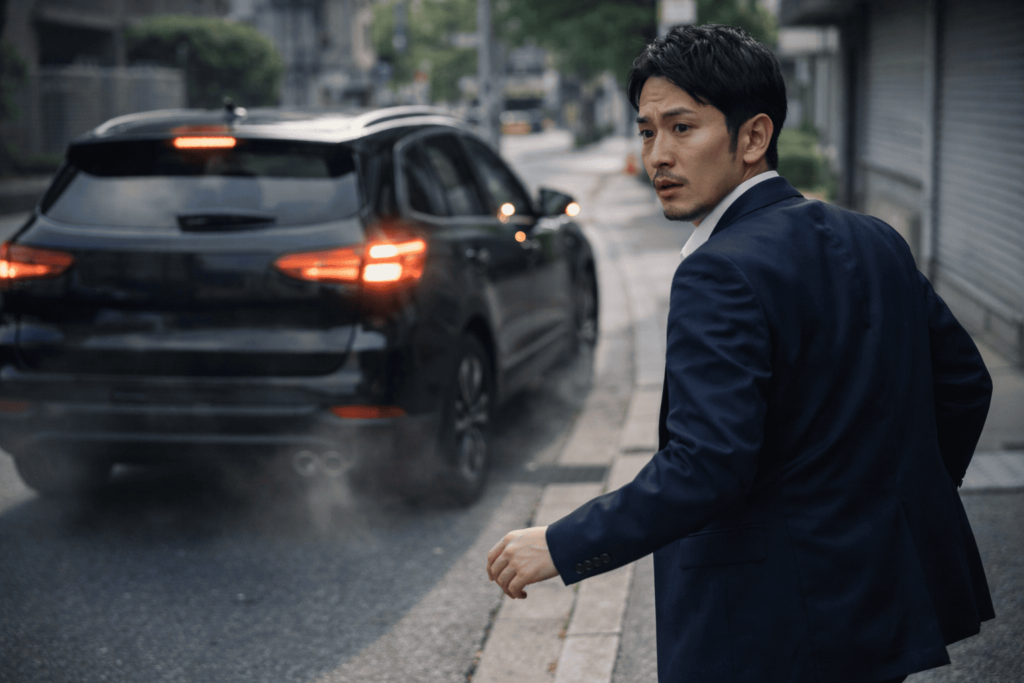 エンジンをかけたまま車から離れそうになり、すぐ戻ろうとする男性の注意喚起シーン
