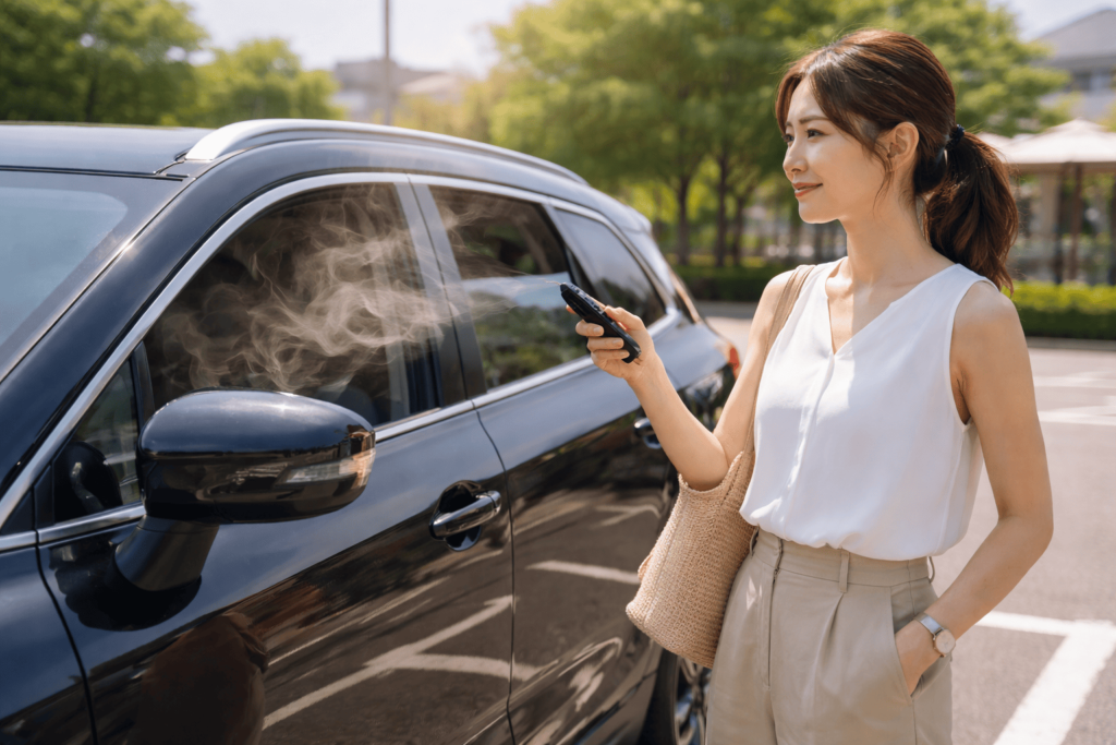 夏の駐車場で、乗車前に窓を下げて換気している女性のシーン