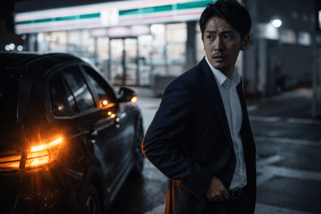 夜の駐車場で、警告音に気づいて車へ戻ろうとする男性ドライバーの様子