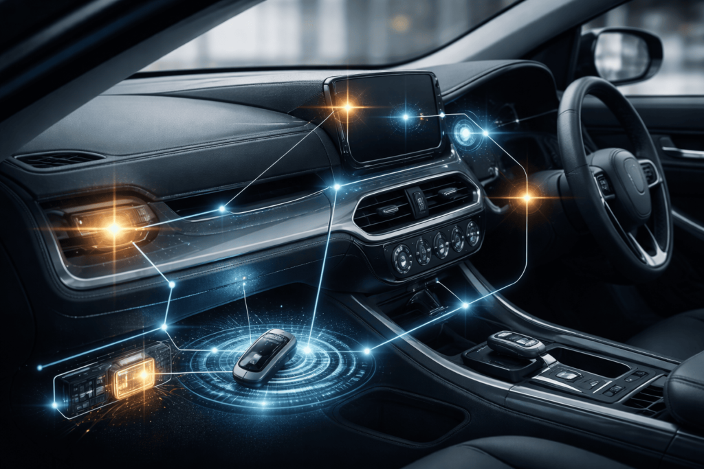 車内の電子制御を連想させるダッシュボード周辺の技術的イメージ