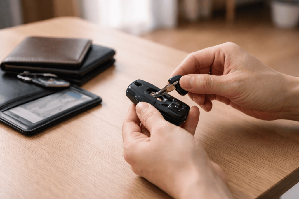 スマートキーからメカニカルキーを取り出す男性の手元。スペアキー準備の重要性を示す写真。