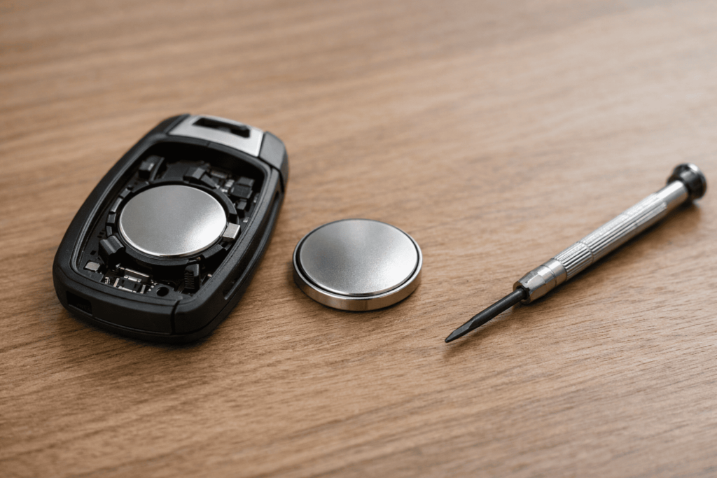 分解されたスマートキー内部とCR2032ボタン電池の比較写真。電池交換の重要性を示す解説用イメージ。