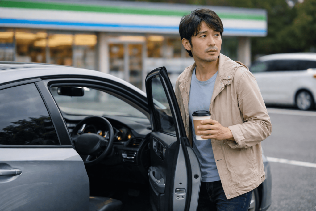 エンジンをかけたまま車を降りようとする日本人男性の様子。インキーの危険性を示す場面。
