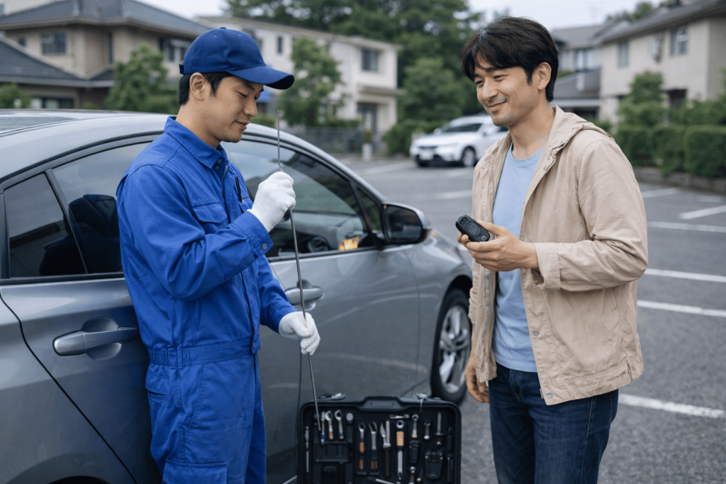駐車場でロードサービス技術者が解錠作業を行い、安心した表情の男性ドライバーが見守る様子。
