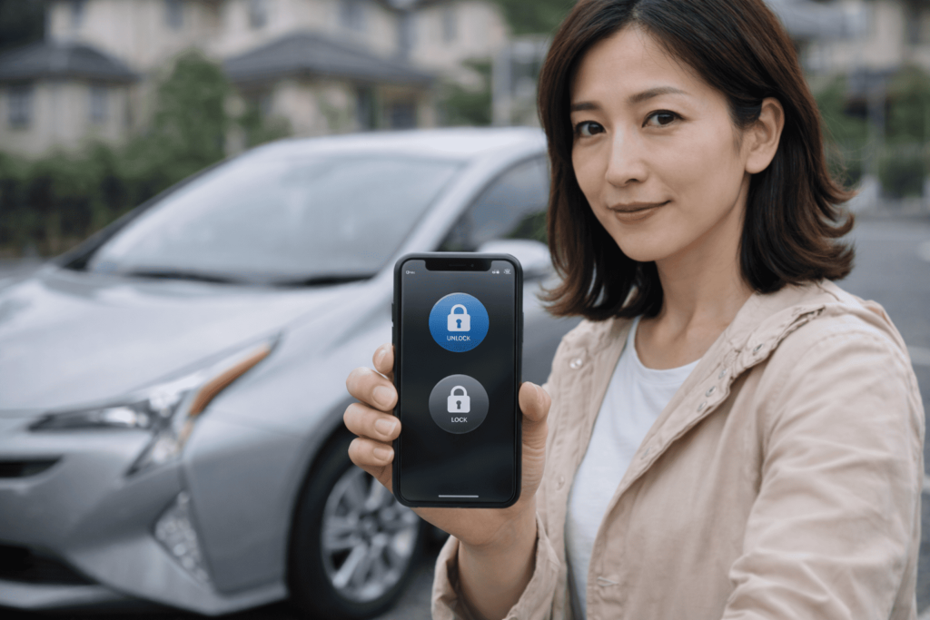 スマートフォンで遠隔解錠操作を行う日本人女性の様子。コネクテッド機能の活用例。