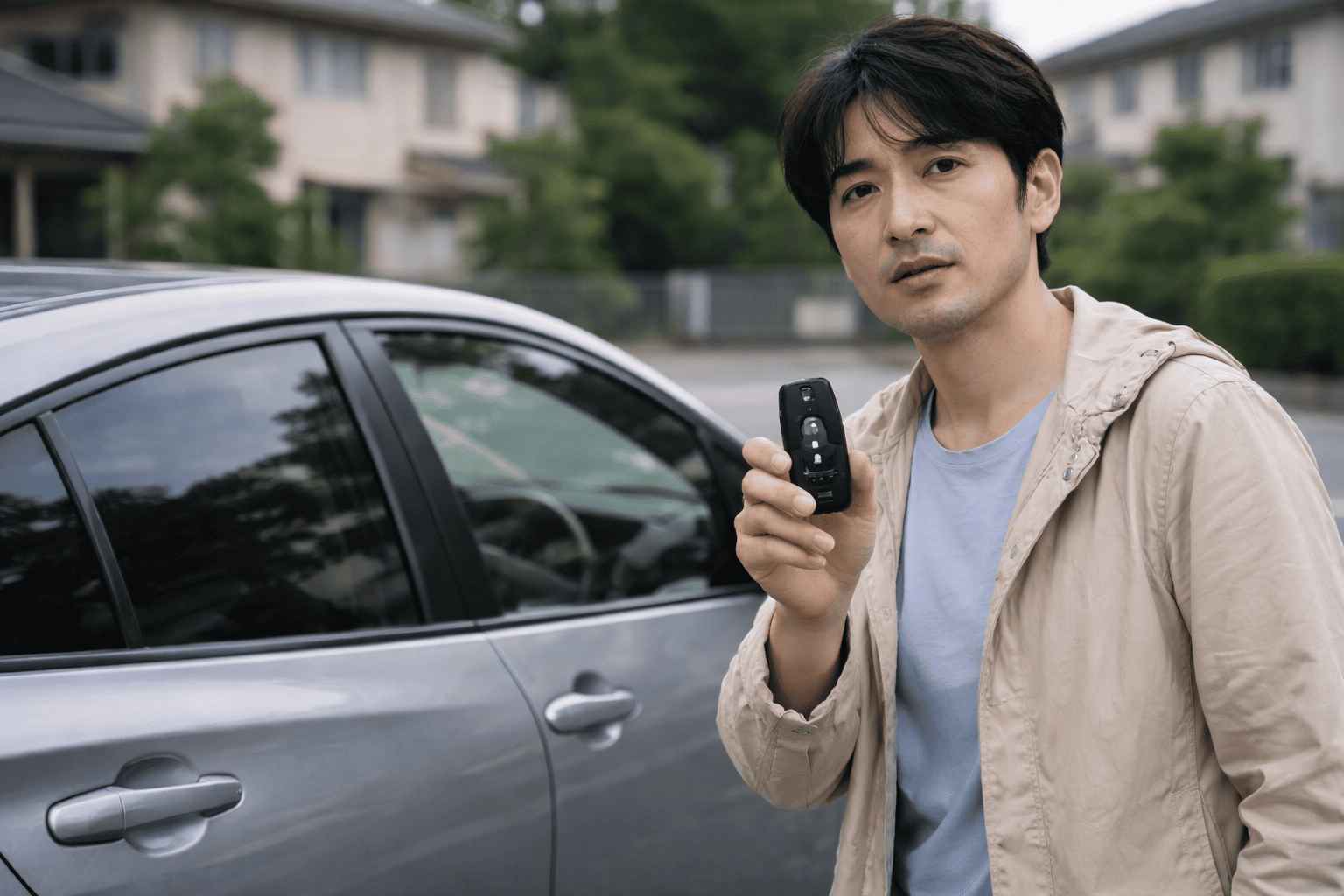スマートキーを手に持ち、ロックされた車の前で状況を確認する日本人ドライバー。インキーの不安と解決への冷静さを表現したヒーロー画像。