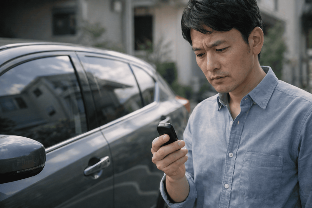 駐車場で反応しないスマートキーに戸惑う日本人男性と車の全体イメージ