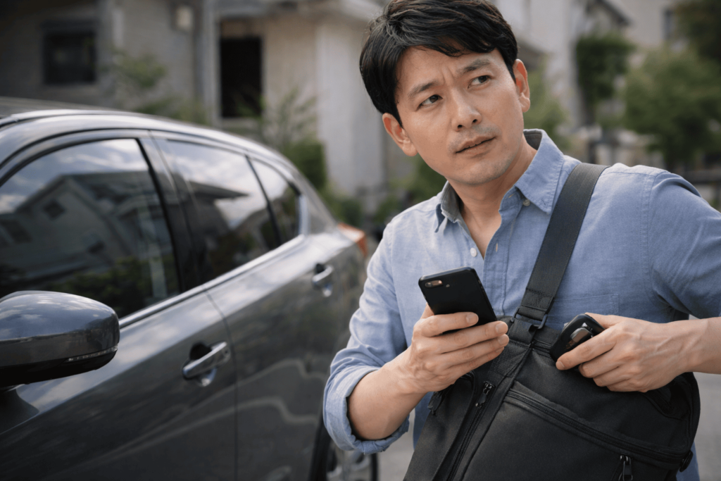 スマホとスマートキーを離して電波干渉を確認する日本人男性