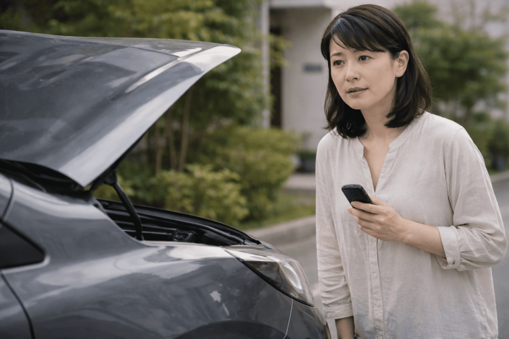 スマートキーはあるのに車が反応せずバッテリー上がりを疑う日本人女性