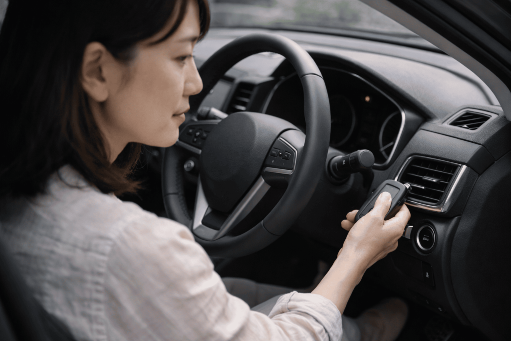 電池切れ時の緊急始動としてスマートキーをスタートボタンに当てる日本人女性