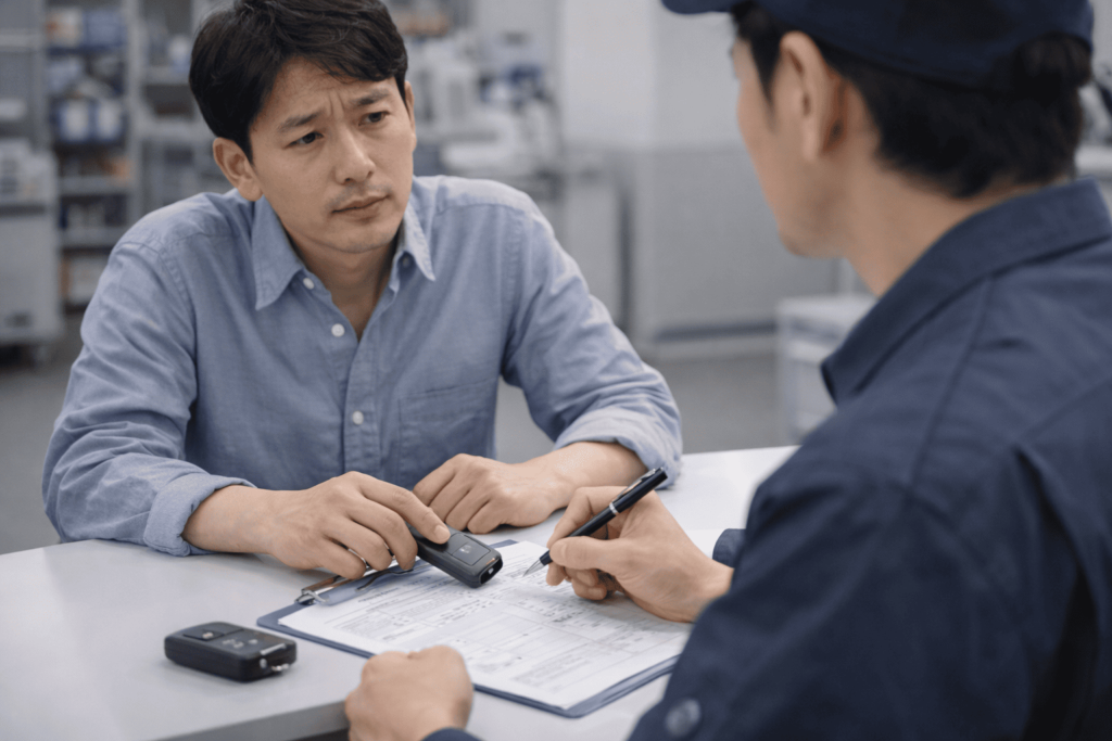 スマートキー不具合についてサービス窓口で相談する日本人男性