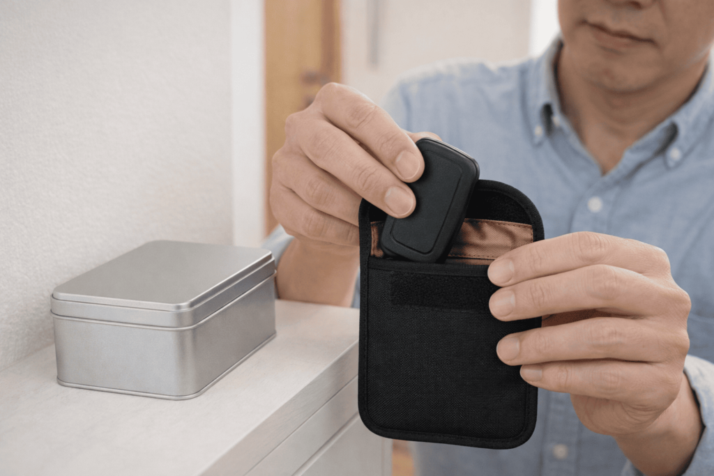 日本の住宅内でスマートキーを電波遮断ポーチや金属缶で保管し、防犯対策をしている様子