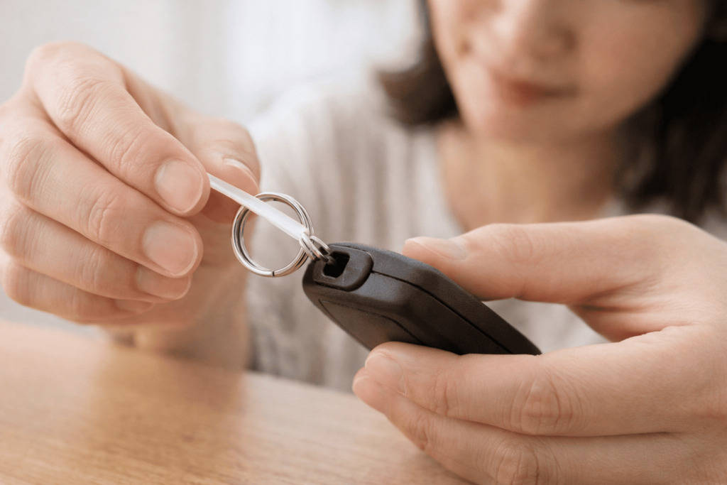日本人女性がストローをガイド代わりにしてスマートキーの穴へリングを通そうとしている手元の様子