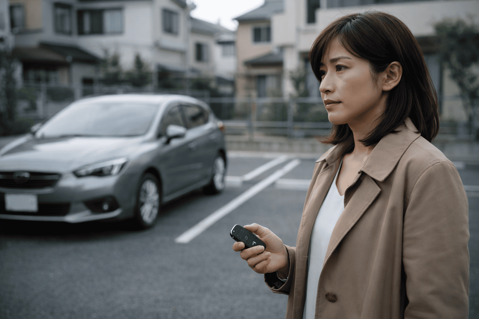 スズキ車のスマートキーを手に困った表情で立つ女性（イモビライザー登録の悩み）