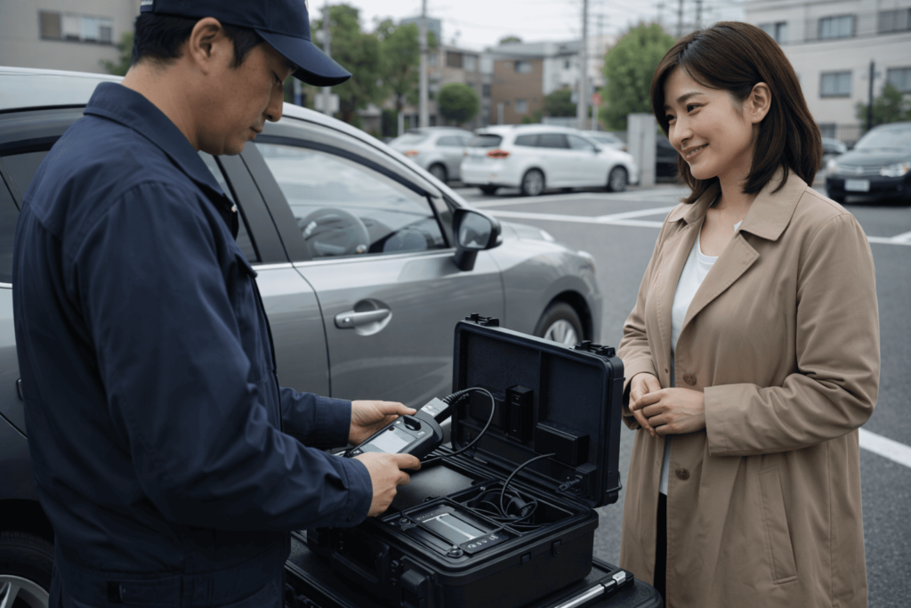 出張鍵業者が現場で車の鍵登録作業を行っている様子