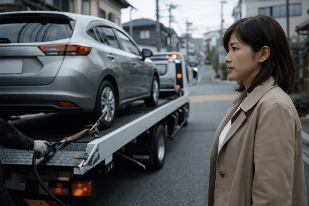鍵を紛失してレッカー搬送される車を見守る女性