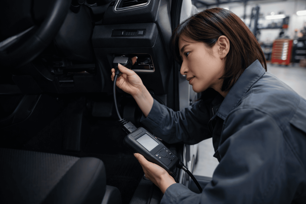 車両診断機をOBDポートに接続して作業する整備士