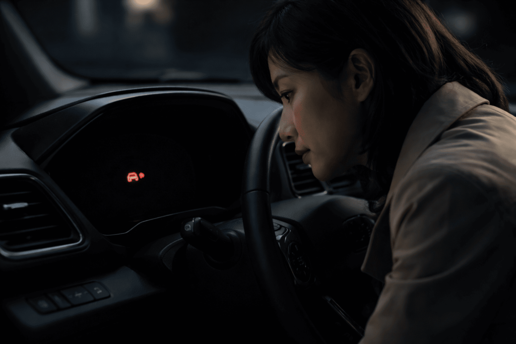 車内でメーターパネルの赤いイモビライザー警告灯を確認する日本人女性