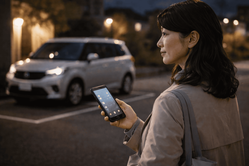 夜間にスマホで車両状態を確認する女性ドライバーと離れた場所の車