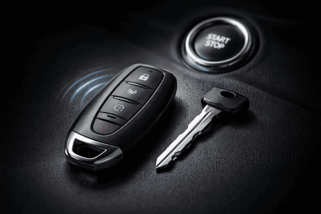 暗い背景にスマートキーやスタートボタン、メカニカルキーが静かに配置されたスズキのスマートキー機能全体を象徴するイメージ