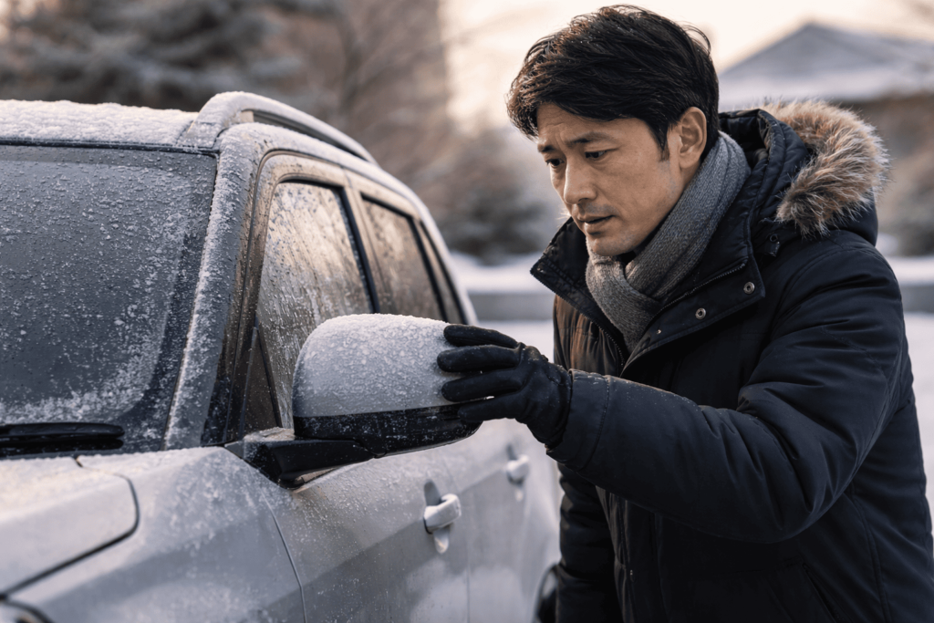 冬の駐車場で凍結したドアミラーを確認する男性ドライバーの様子