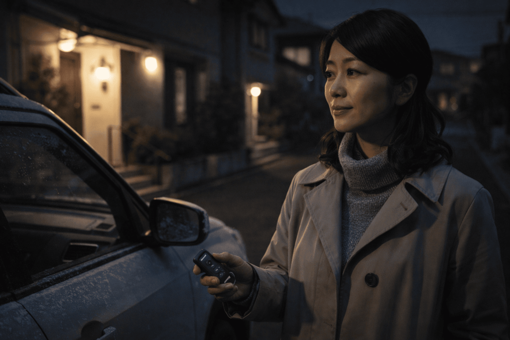 夜の住宅街で周囲に配慮しながらスマートキーを操作する女性ドライバー